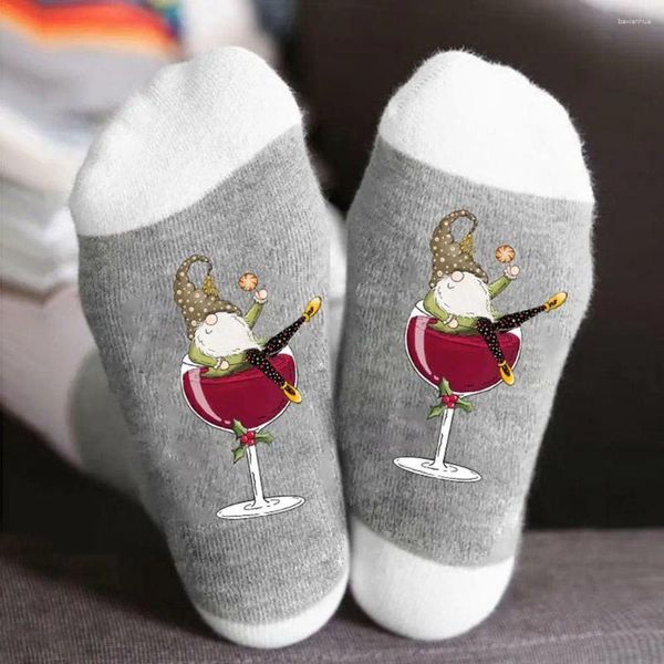 Chaussettes pour hommes Crazy Gnome Wine Glass Crew unisexe vacances de Noël nouveauté drôle coton robe de Noël