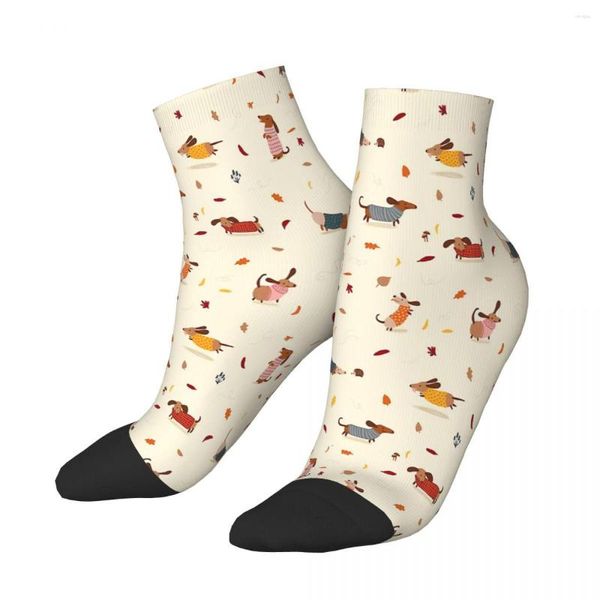 Calcetines de hombre lindos Dachshunds en suéteres de invierno con hojas de otoño tobillo hombre hombre mujer medias de verano impresas