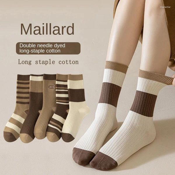 Calcetines para hombres Doble aguja y otoño Midum Mid Tube Cotton Women's Maillard Retro bordado largo