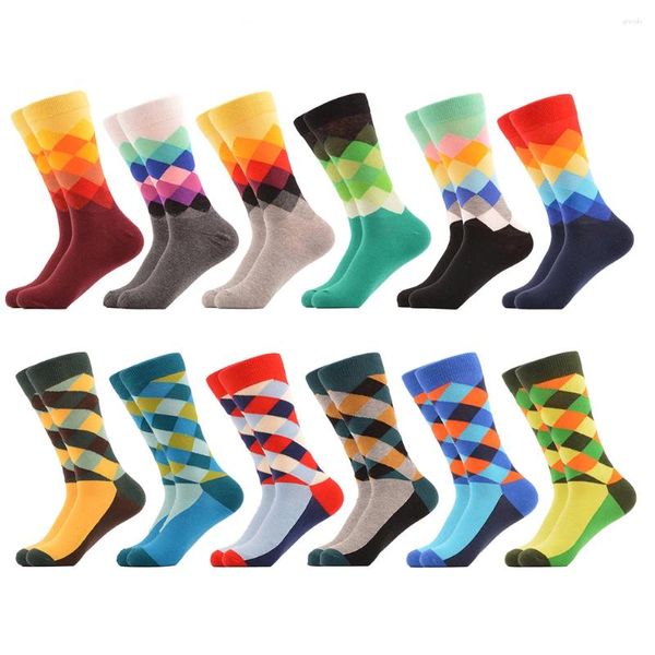 Vestido de calcetines para hombres Colorido Argyle Funny Novelty Combed Cotton Crew - 12 paquetes