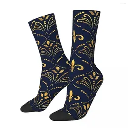 Chaussettes pour hommes motif élégant or et bleu profond Fleur De Lis randonnée impression 3D garçon filles chaussette mi-mollet
