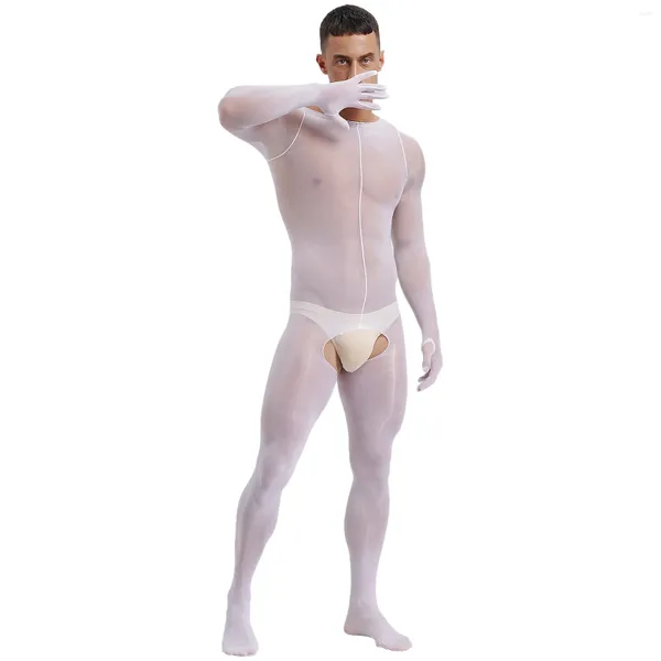 Chaussettes pour hommes Mentins érotiques Glossy See-Through Full-Body Bodys Unwear Long manche ouverte Bodystocking Bodystocks