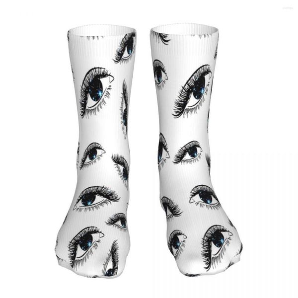 Calcetines de hombre ojos felpa pestañas hermosa mujer Galaxy calcetín hombres mujeres medias de poliéster personalizable divertido