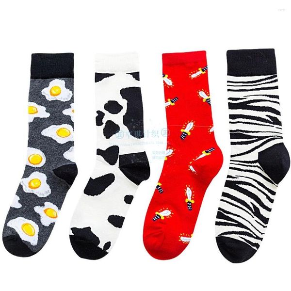 Chaussettes pour hommes Mode Oeuf Vache Unisexe Rayé Heureux Hommes Streetwear Automne Hiver Hip Hop Coton Cadeaux Pour EUR37-44