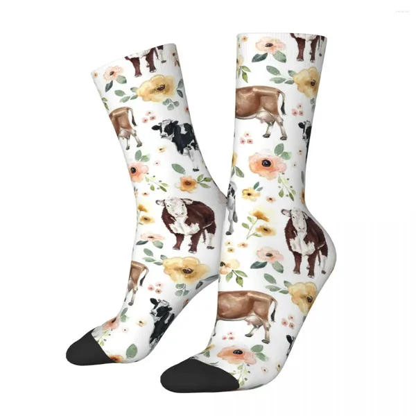 Chaussettes masculines vache florale imprimé fleurs jaunes cow-girl rose harajuku bassins de haute qualité toute la saison pour les cadeaux