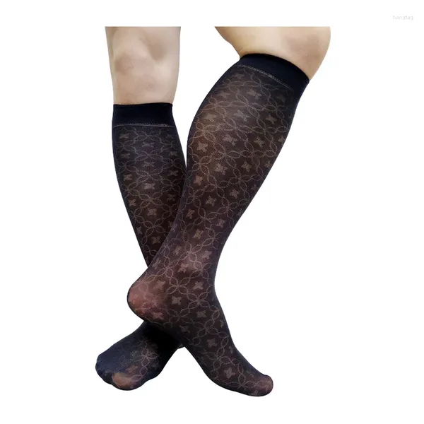 Chaussettes pour hommes Floral Sexy Mens Robe Costume Genou Haut Noir Voir à travers Long Tube Lingerie Bas Élastique Mâle Formel