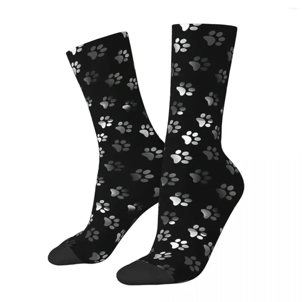Calcetines divertidos para hombre, calcetín loco para hombre, estampado negro y plateado, perro Harajuku, patrón transpirable, equipo impreso, regalo sin costuras