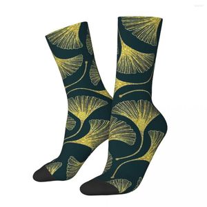 Chaussettes pour hommes Funny Crazy Sock For Men Feuilles dorées sur fond vert foncé Hip Hop Harajuku Motif Ginkgo Imprimé Boys Crew Gift