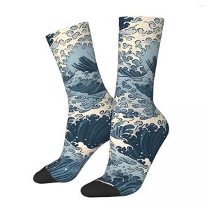 Chaussettes pour hommes Funny Crazy Sock For Men Ocean Waves Motif répétitif Hip Hop Japanese Wave Respirant Imprimé Crew Nouveauté Cadeau