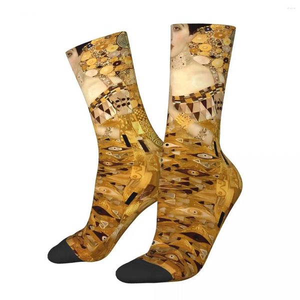 Chaussettes pour hommes Chaussettes folles drôles pour hommes Femme en portrait d'or Gustav Klimt Patting Art Happy Motif respirant Imprimé Garçons Crew Cadeau