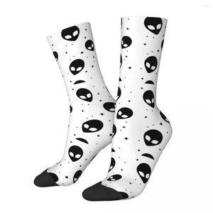 Calcetines de hombre divertidos y felices patrón alienígena blanco y negro Vintage Harajuku Hip Hop novedad Crew Crazy Sock regalo impreso