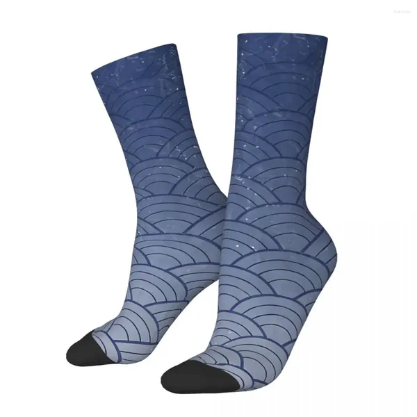 Calcetines de hombre divertidos Wagara diseño de patrón tradicional kimono ondulado azul Retro japonés Hip Hop Crew calcetín regalo impreso