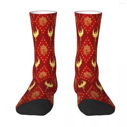 Herensokken Gold Phoenix en Lotus Symbool Patroon op Red Sock Men Women Polyester Kousen aanpasbaar grappig