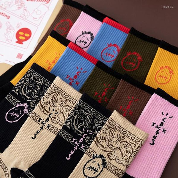 Chaussettes pour hommes Grimace fleur de cajou hommes et femmes coton couleur masque rayé Harajuku planche à roulettes mode Hip Hop heureux filles chaussettes