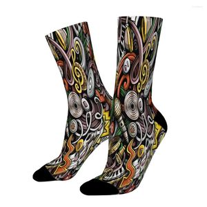 Chaussettes pour hommes, dessin à la main, Graffiti, Texture de battement, micro, motif de musique, Art droit, bas d'été en Polyester, Harajuku