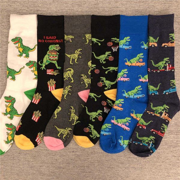 Chaussettes pour hommes heureux drôle adulte mi-mollet chaussettes d'équipage Sport tyrannosaure Rex dinosaure feu période jurassique parc frites jouer au basket-ball T221011