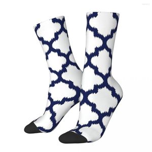 Chaussettes pour hommes Happy Funny Men's Navy Blue And White Quatrefoil Ikat Style Vintage Harajuku Motifs géométriques Crew Crazy Sock Gift