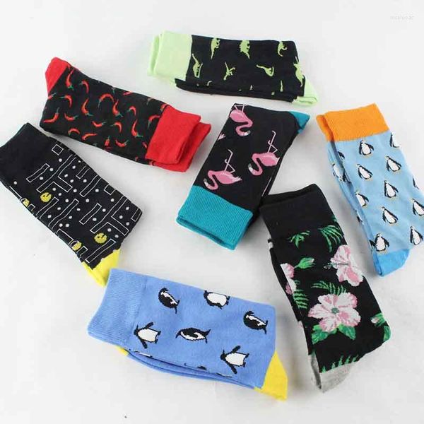 Calcetines de hombre Harajuku colorido feliz divertido Chili Banana vestido largo cálido para hombre boda regalo de Navidad algodón peinado hombres