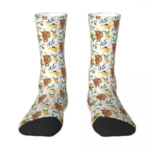 Chaussettes pour hommes, vache des Highlands et tournesols, bas absorbant la sueur, Harajuku, accessoires toute saison, cadeaux pour hommes et femmes