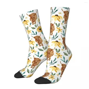 Chaussettes masculines Vache Highland avec des tournesols Stricts Harajuku Sweat Absorbing All Season Long Accessoires pour le cadeau d'anniversaire