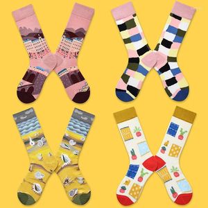 Chaussettes pour hommes Hip-Hop Tendance Femmes Roman Florets Géométriques Personnalité Design Chaussette En Coton De Haute Qualité Peinture À L'huile