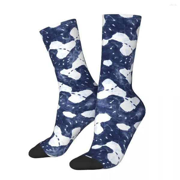 Calcetines de hombre efecto teñido índigo Sashiko texturizado patrón de rompecabezas Crazy Unisex Jigsaw Harajuku impreso calcetín de tripulación