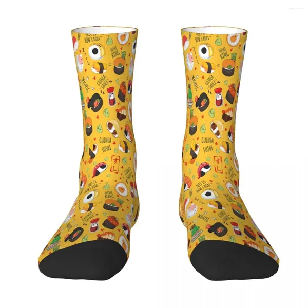 Calcetines de hombre conejillo de indias japonés Sushi fondo amarillo calcetín hombres mujeres medias de poliéster personalizables divertidos