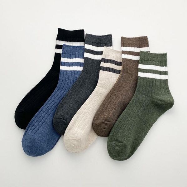 Chaussettes pour hommes japonais rétro coton fil épais Double aiguille épaississement deux barres automne hiver Sports couleur unie mi-tube chaussettes pour hommes