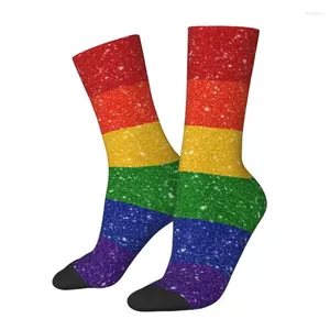 Herensokken Kawaii Faux Glitter Rainbow Pride Flag Jurk Unisex Warm Comfortabel 3D Geprint LGBT Gay Lesbian Crew
