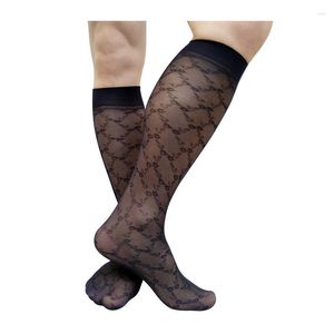 Chaussettes pour hommes genou haute noir hommes robe formelle costume Sexy Lingerie bas voir à travers Floral Plaid affaires Long Tube