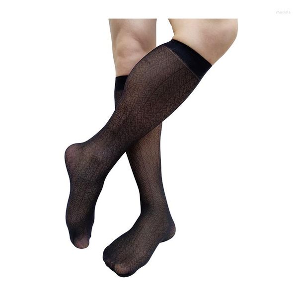 Calcetines hasta la rodilla para hombre, traje Formal transparente a rayas negras, medias sexis, lencería suave y transpirable, manguera de negocios