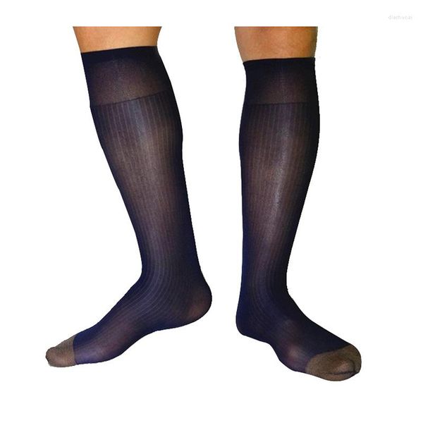 Chaussettes pour hommes liste arrivée pure hommes robe formelle voir à travers de longs nylon soie rayure mâle sexy tuyau bas