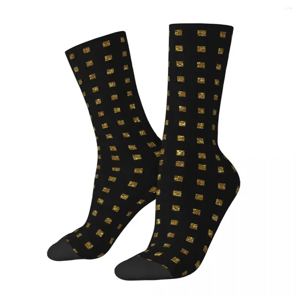 Chaussettes masculines Luxe Gold Glitter Squares sur les bas absorbant la sueur noire de la sueur toute la saison pour le cadeau d'anniversaire unisexe