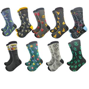 Chaussettes pour hommes, graphique en coton peigné, dessin animé, pièce de monnaie, verre à vin, vélo, Burger, motif géométrique, roman Happy Fun