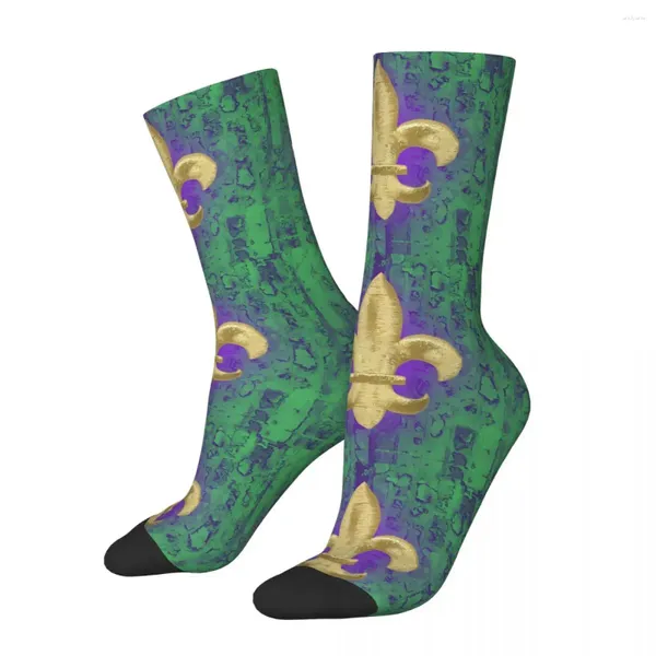 Calcetines para hombre Mardi Gras Púrpura Verde Oro Fleur De Lis Kawaii Patrón de dibujos animados escolares