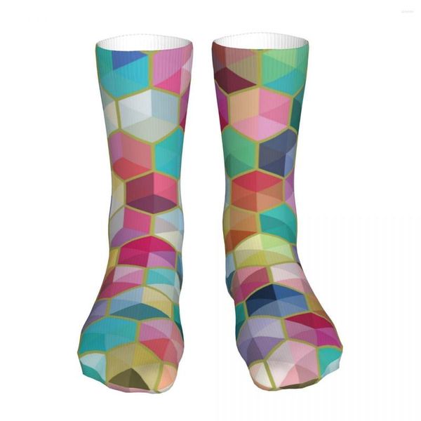 Chaussettes pour hommes Hommes Vélo Hexagone Fond coloré Coton Arc-en-ciel Géométrique Art Femmes Chaussette