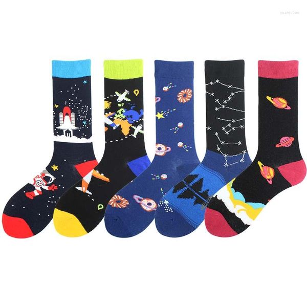 Chaussettes pour hommes hommes coton étoiles créatif drôle univers ciel étoilé fusées tendance Harajuku nouveauté mignon Tube moyen