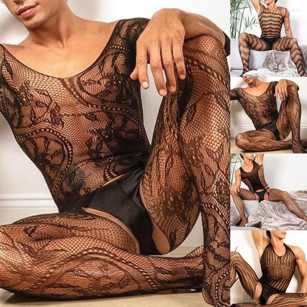 Mannen Sokken Mannen Fetish Kanten Ondergoed mannen Body Kousen Man Visnet Bodysuits Crotchless Lingerie Sissy Jumpsuit Mannelijke Erotische