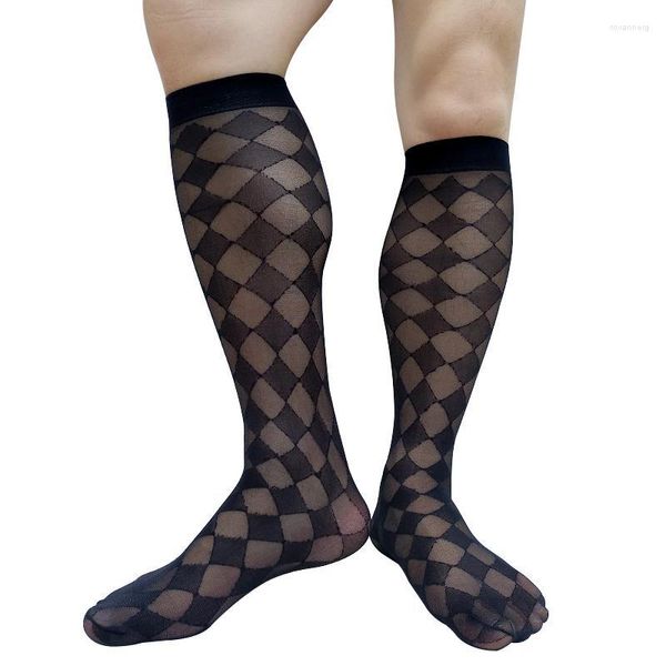 Chaussettes pour hommes Hommes Noir / Blanc Hommes Long Tube Été Mince Robe Formelle Costume Genou Haut Sexy Bas Tuyau Plaid Mode Voir À Travers