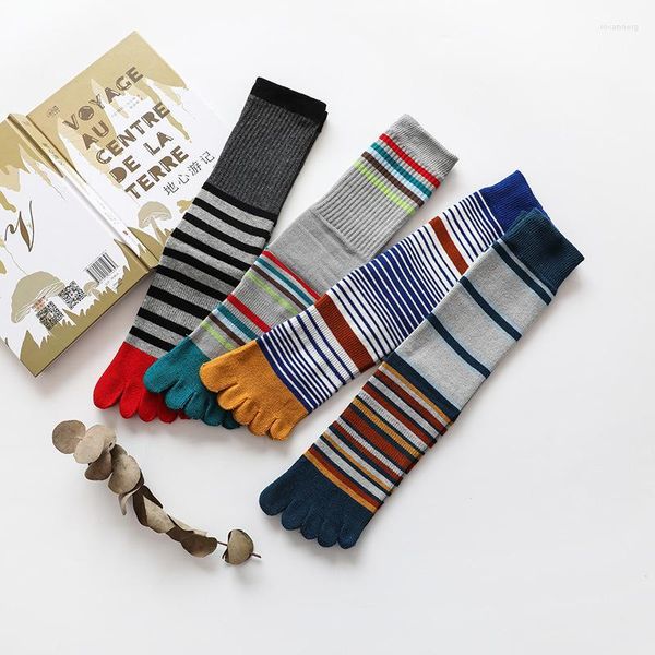 Chaussettes décontractées à cinq doigts pour hommes, tube haut en coton de veau, rayures d'automne et d'hiver, déodorant de sport coloré