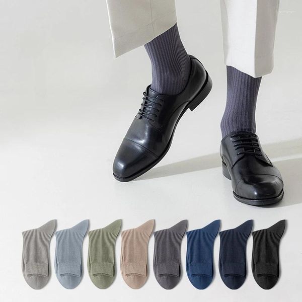 Chaussettes pour hommes, couleur unie, coton, haute élasticité, anti-boulochage, mi-mollet, costume d'affaires tricoté Double face, automne hiver