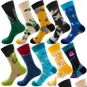 Chaussettes pour hommes Doiaeskv 10 paires/lot Happy Iti animaux fruits de mer hommes coton peigné Calcetines Largos Hombre en gros Drop Del Del Dhysb