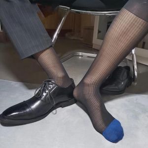 Chaussettes légères pour hommes, robe et pantalon à bout bleu, bas d'affaires transparents, respirants, bas tubulaires Sexy