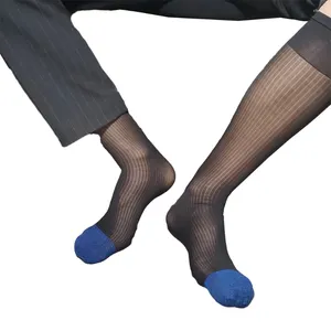 Chaussettes en Nylon respirant ultra-fin et soyeux pour hommes, bas transparents à rayures larges et fines, Sexy, noir, bleu marine, taille 36 46