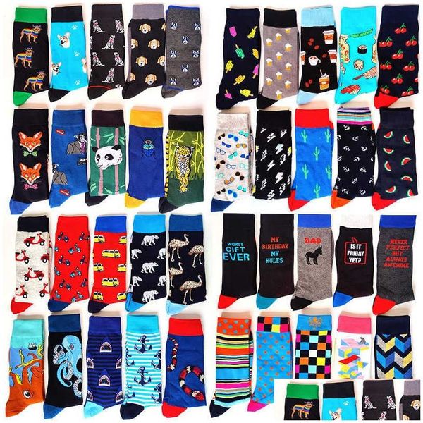 Chaussettes pour hommes Chaussettes pour hommes 59 Style Hommes Heureux Drôle Coton Tube Crew Chaussette Chien Voiture Lettre Flamant Tigre Poulpe Pastèque Fruits Motif Dhoe9