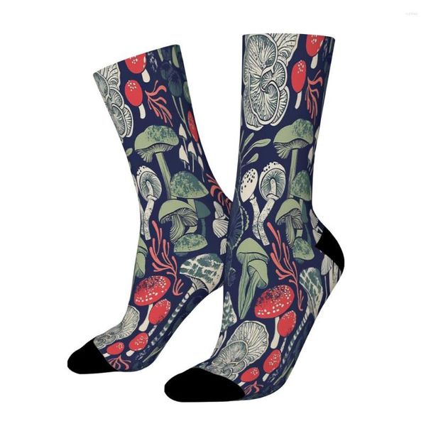 Chaussettes pour hommes champignons mystiques fond bleu nuit champignons champignons forêt droite mâle hommes femmes automne bas