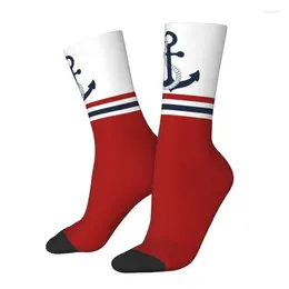 Chaussettes pour hommes Anchors bleus nautiques avec rayures pour hommes équipage unisexe cool marin marin printemps automne robe d'hiver