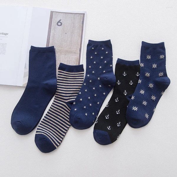 Calcetines para hombre Azul marino Estrella Ancla Timón Algodón rayado Negocios Casual Sokken Dropship