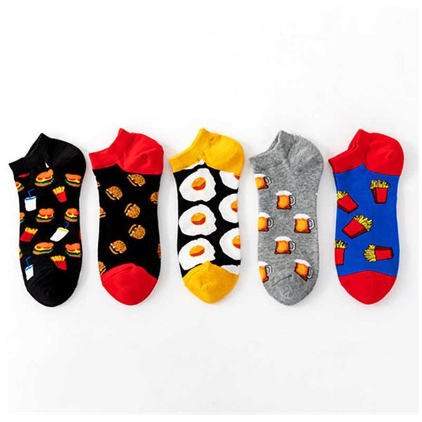 Chaussettes pour hommes Nouveau Oeuf au plat Bière Lait Burger Frites Dessin animé Coton Skate Cool Casual Été Femmes Hommes Drôle Bateau Court Happy Food Chaussettes T221011