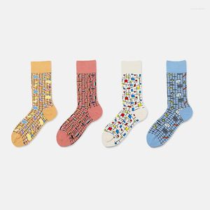 Chaussettes pour hommes nouveauté printemps heureux motif de géométrie drôle coloré bonneterie Long Tube femmes sport Harajuku Style Calcetines